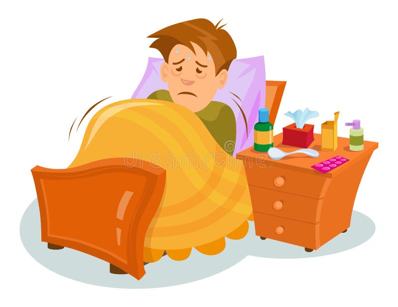 Flu sickness. Sick person having cold. Ill man headache. Medicine for the disease. Flu illness person. Сartoon sick man.
